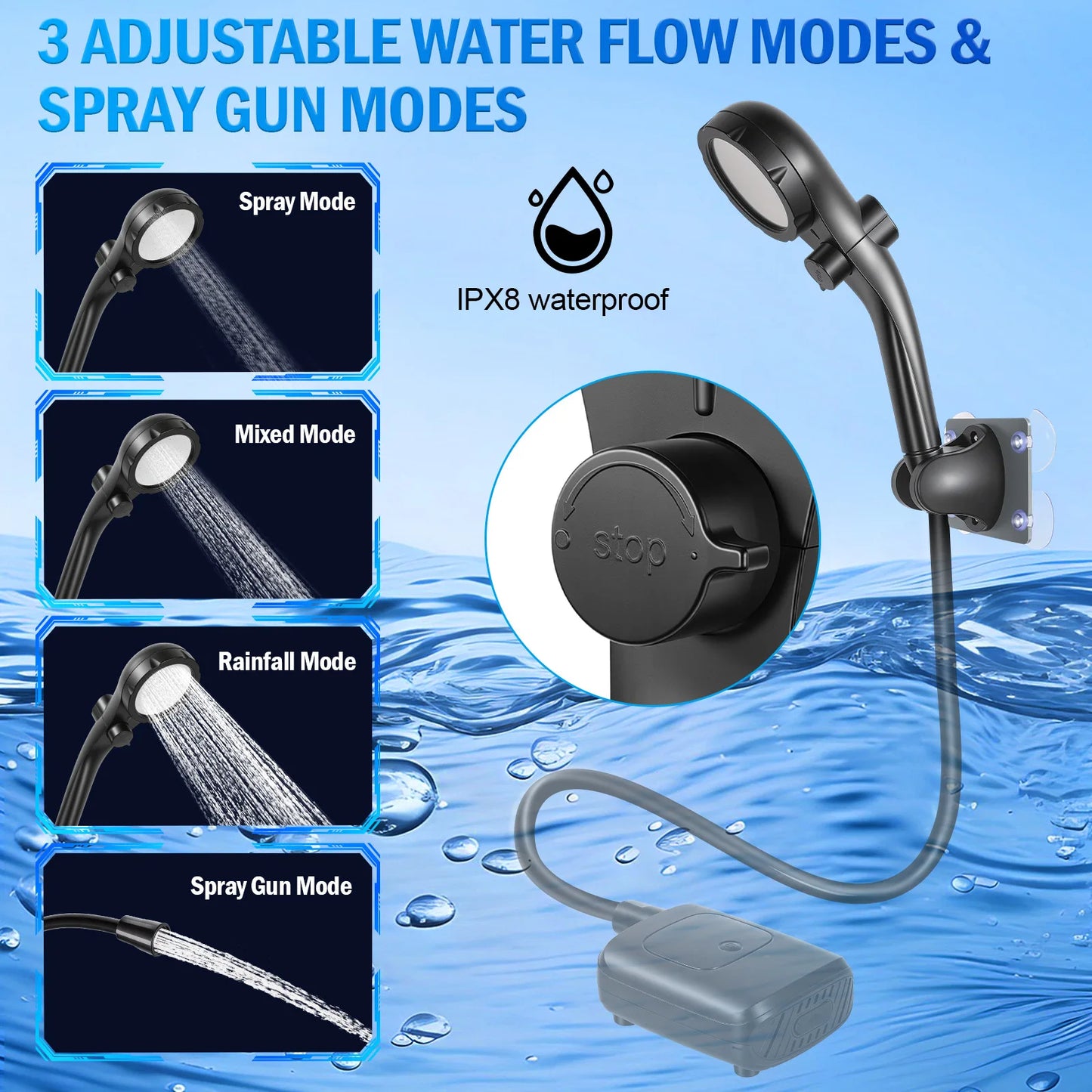Portable Rechargeable Electric Camping Shower Pump, Outdoor Shower with Temperature Display for Camping Hiking RV Pet Bathing